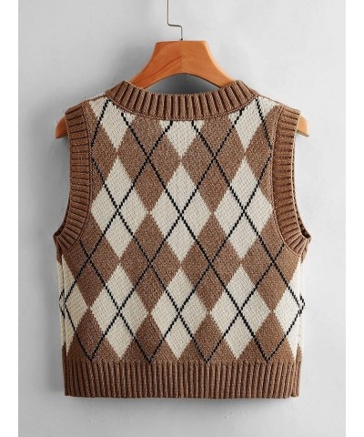 Women V Neck Cute Argyle Preppy Style Knit Vest Sweater for Women Sleeveless Tank Top Khaki $11.50 Sweaters