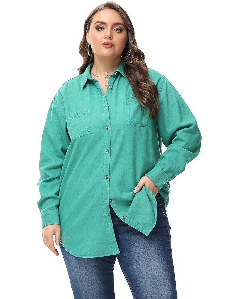 Oversized Denim shirt for women Long Sleeves Button Down Boyfriend Jean Jacket With Utility-Pocket (S-4X) plus-size Green $17...