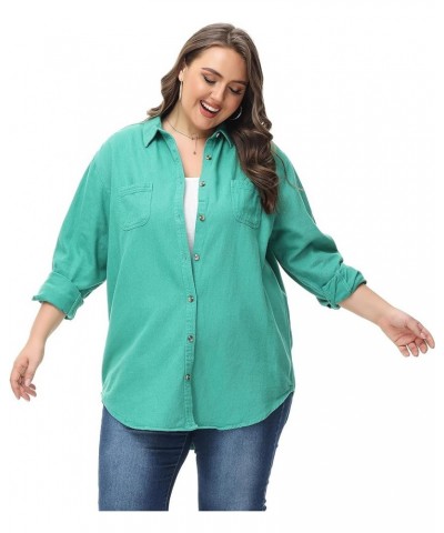 Oversized Denim shirt for women Long Sleeves Button Down Boyfriend Jean Jacket With Utility-Pocket (S-4X) plus-size Green $17...