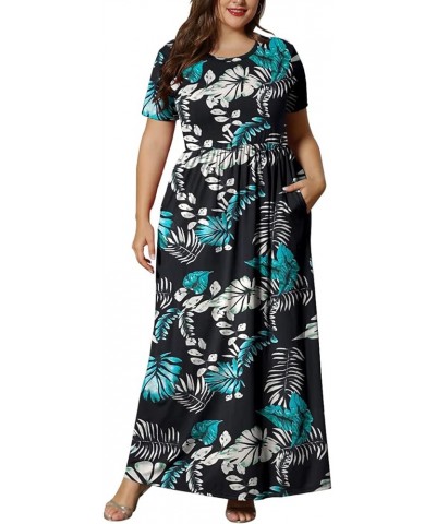 Women's Plus Size Short Sleeve Loose Plain Casual Long Maxi Dresses with Pockets 02-blue Green Plantain $14.75 Dresses