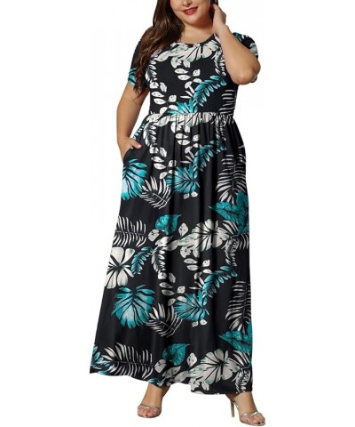 Women's Plus Size Short Sleeve Loose Plain Casual Long Maxi Dresses with Pockets 02-blue Green Plantain $14.75 Dresses