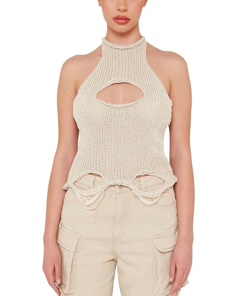 Women Cutout Tank Tops Y2k Sleeveless Pearl Decor Front Hollow Out Vests Top Summer Slim Fit Crop Tops Streetwear 8-apricot $...