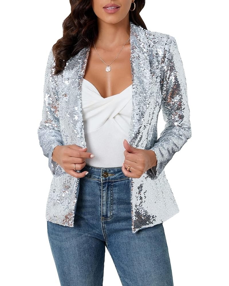 Women's Sequins Blazer Long Sleeve Sparkle Open Front Jacket Shawl Collar Cardigan Silver $36.44 Blazers