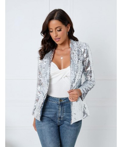 Women's Sequins Blazer Long Sleeve Sparkle Open Front Jacket Shawl Collar Cardigan Silver $36.44 Blazers