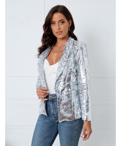 Women's Sequins Blazer Long Sleeve Sparkle Open Front Jacket Shawl Collar Cardigan Silver $36.44 Blazers