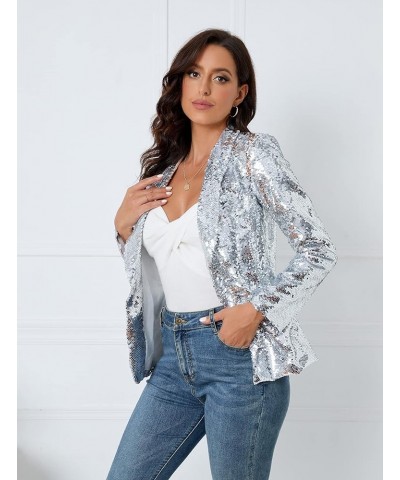 Women's Sequins Blazer Long Sleeve Sparkle Open Front Jacket Shawl Collar Cardigan Silver $36.44 Blazers