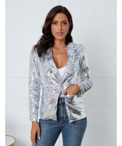 Women's Sequins Blazer Long Sleeve Sparkle Open Front Jacket Shawl Collar Cardigan Silver $36.44 Blazers