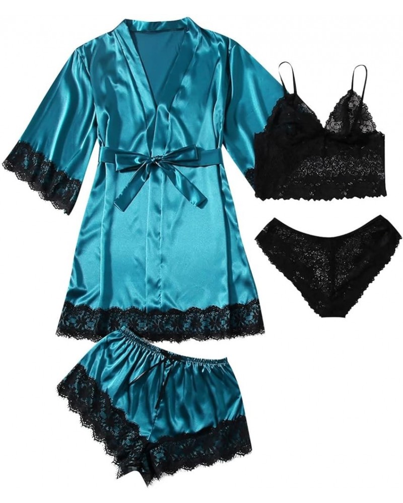 Womens Pajamas 4 Piece Pjs Sets Silk Satin Nightgown Lace Lingerie and Shorts Soft Sleepwear Lounge Set with Robe D-sky Blue ...