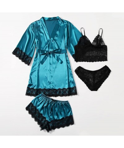 Womens Pajamas 4 Piece Pjs Sets Silk Satin Nightgown Lace Lingerie and Shorts Soft Sleepwear Lounge Set with Robe D-sky Blue ...