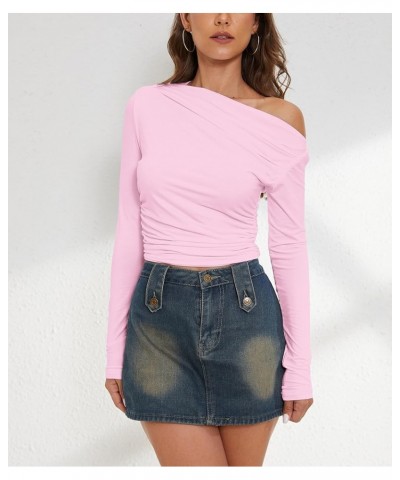 Women One Off Shoulder Crop Tee Top Long Sleeve Crew Neck Basic Solid Ruched Sexy Slim Fit Going Out Cute Shirt Tops Pink $10...