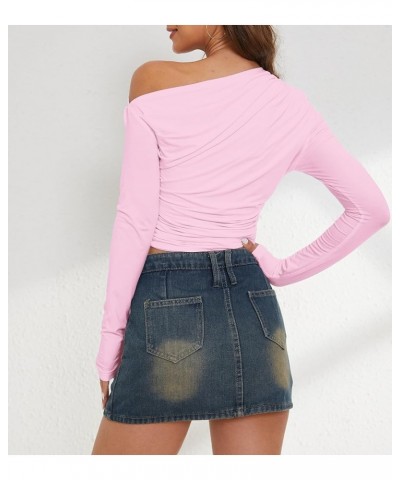 Women One Off Shoulder Crop Tee Top Long Sleeve Crew Neck Basic Solid Ruched Sexy Slim Fit Going Out Cute Shirt Tops Pink $10...