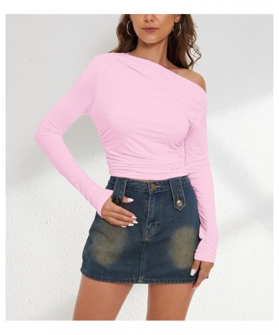 Women One Off Shoulder Crop Tee Top Long Sleeve Crew Neck Basic Solid Ruched Sexy Slim Fit Going Out Cute Shirt Tops Pink $10...