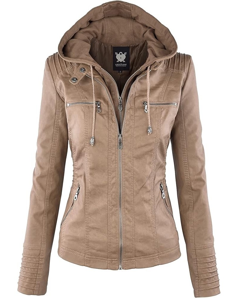 Women's Removable Hooded Faux Leather Jacket Moto Biker Coat Wjc663_taupe $26.63 Coats