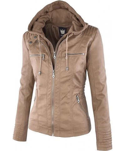 Women's Removable Hooded Faux Leather Jacket Moto Biker Coat Wjc663_taupe $26.63 Coats