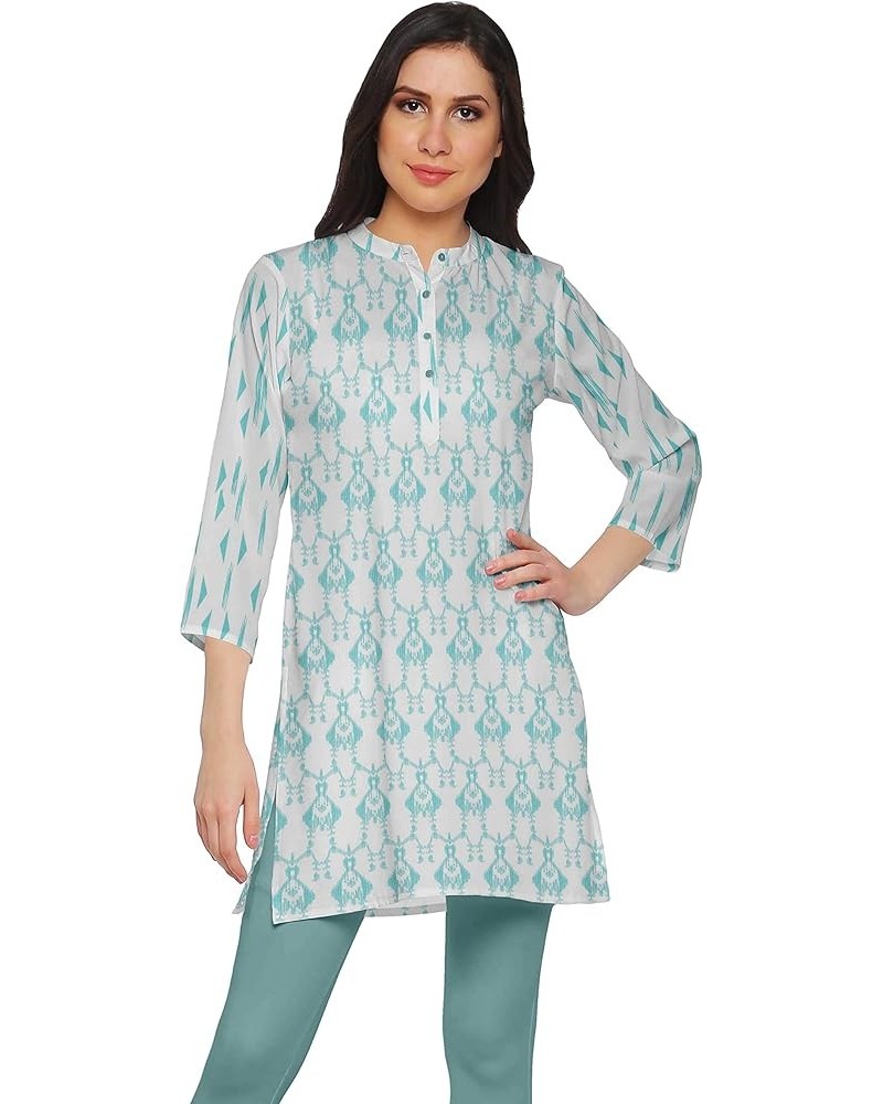 Printed Side Slit Short Kurta Tunic for Women Summer Wear Ladies Kurti Turquoise Blue $12.60 Tops