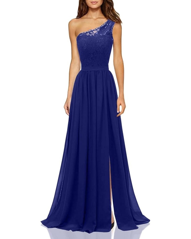 Women's Chiffon One Shoulder Bridesmaid Dresses for Wedding Long Lace Bodice Slit Formal Party Gown with Pockets Royal Blue $...