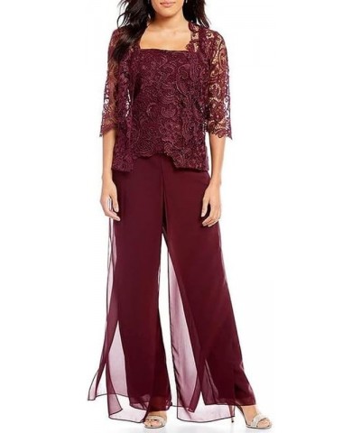 3 Pieces Mother of The Bride Pant Suits Chiffon Lace Grandmother Wedding Guest Groom Formal Ladies Evening Pantsuits Burgundy...
