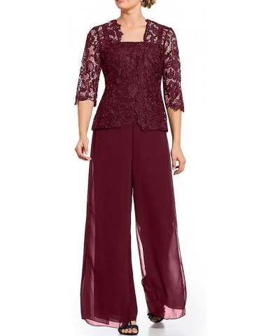 3 Pieces Mother of The Bride Pant Suits Chiffon Lace Grandmother Wedding Guest Groom Formal Ladies Evening Pantsuits Burgundy...