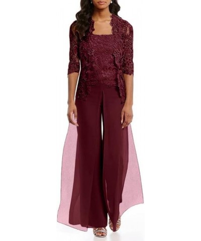 3 Pieces Mother of The Bride Pant Suits Chiffon Lace Grandmother Wedding Guest Groom Formal Ladies Evening Pantsuits Burgundy...