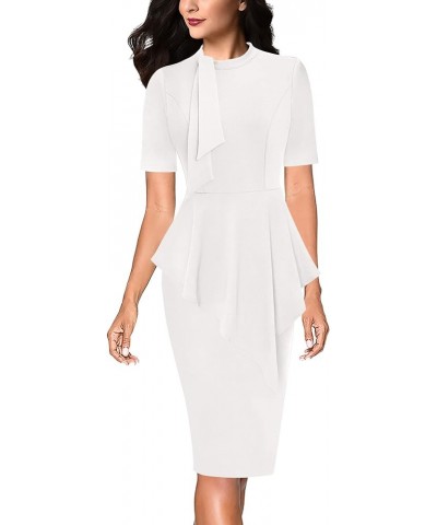 Womens Bow Tie Neck Asymmetrical Peplum Slim Work Business Office Pencil Dress Off White-2 $23.03 Dresses