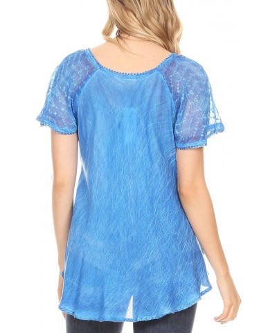 Marzia Women's Loose Fit Short Sleeve Casual Tie Dye Batik Blouse Top Tunic Blue $17.66 Blouses