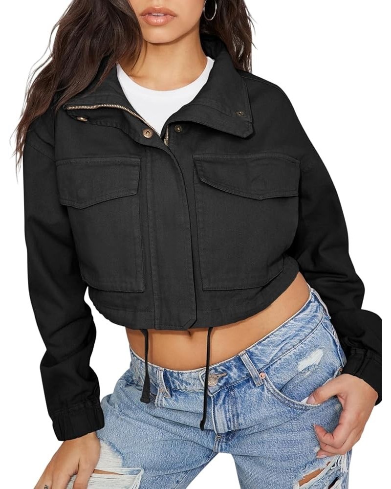 Womens Casual Jackets Cropped Long Sleeve Zip Up Lightweight Coat with Pockets Black $23.84 Jackets