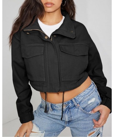 Womens Casual Jackets Cropped Long Sleeve Zip Up Lightweight Coat with Pockets Black $23.84 Jackets