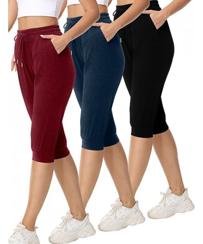 3 Pcs Womens Jogger Sports Capri Sweatpants Drawstring Capris Pants with Pockets Casual Cropped Jogger Pants Black, Wine Red,...