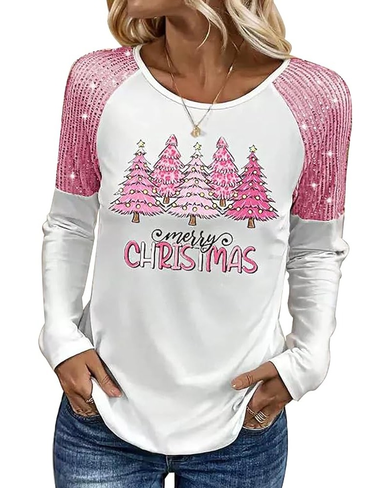 Merry Christmas Baseball T-Shirt for Women Xmas Buffalo Plaid Christmas Tree Graphic Tees Splicing Long Sleeve Shirt Pink $12...