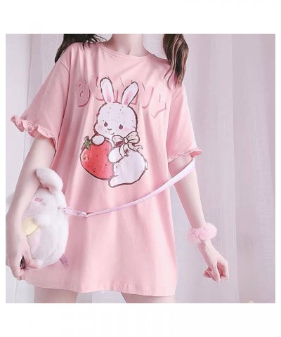 WomenJapanese Cute Lolita Pink T-Shirt Summer Kawaii Strawberry Rabbit Print Ruffle T-Shirt XX-Large Pink $9.19 T-Shirts