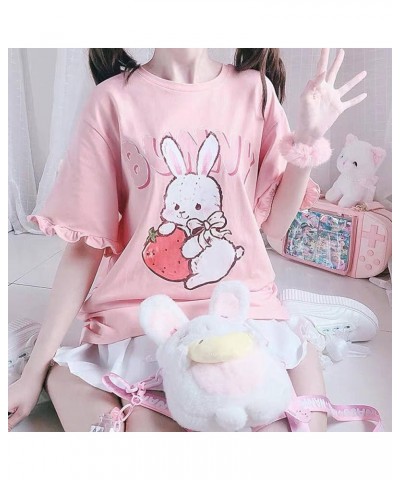 WomenJapanese Cute Lolita Pink T-Shirt Summer Kawaii Strawberry Rabbit Print Ruffle T-Shirt XX-Large Pink $9.19 T-Shirts