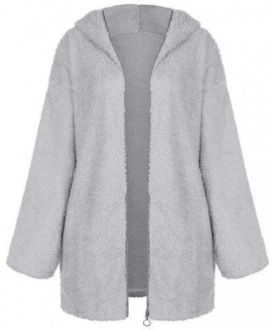 Womens Fuzzy Fleece Cardigans 2023 Winter Long Sleeve Solid Open Front Hooded Cardigans Jacket Coats Outerwear 04-gray $14.79...