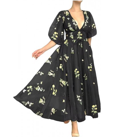 Women's Puffy Sleeve Prom Dresses Corset Flower Embroidery Tulle Tea Length Formal Evening Party Gown V Neck-black $37.39 Dre...