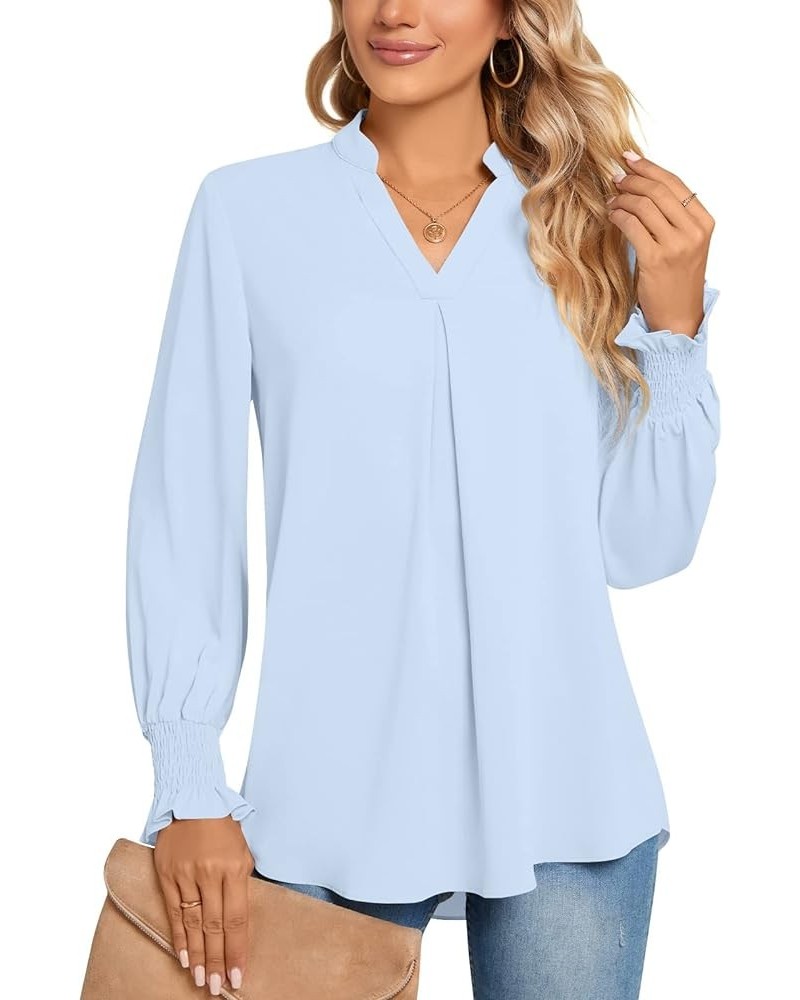 Women's 2023 Summer Casual Business T-Shirt V Neck 3/4 Sleeve Tunic Tops Swiss Dot Chiffon Blouse Work Shirts Long-light Blue...