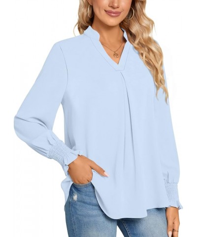Women's 2023 Summer Casual Business T-Shirt V Neck 3/4 Sleeve Tunic Tops Swiss Dot Chiffon Blouse Work Shirts Long-light Blue...