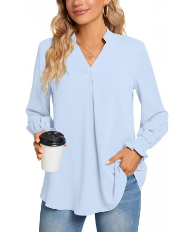 Women's 2023 Summer Casual Business T-Shirt V Neck 3/4 Sleeve Tunic Tops Swiss Dot Chiffon Blouse Work Shirts Long-light Blue...