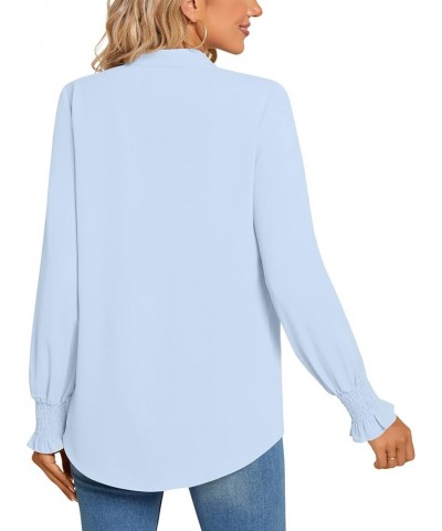 Women's 2023 Summer Casual Business T-Shirt V Neck 3/4 Sleeve Tunic Tops Swiss Dot Chiffon Blouse Work Shirts Long-light Blue...