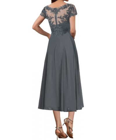 Tea Length Mother of The Bride Dresses for Wedding Lace Wedding Guest Dresses for Women Applique V Neck Short Sleeve Grape $4...