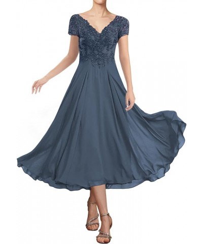 Tea Length Mother of The Bride Dresses for Wedding Lace Wedding Guest Dresses for Women Applique V Neck Short Sleeve Grape $4...