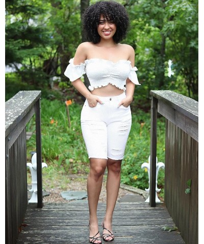 Womens Destroyed Denim Ripped Mid Rise Bermuda Jean Shorts White $14.26 Shorts