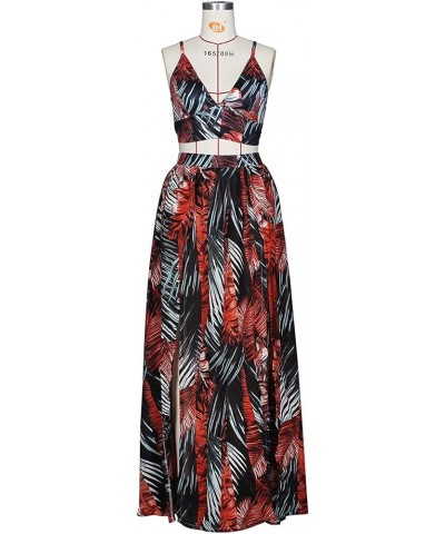 Women's Chiffon Bohemian Floral Printed 2 Piece Sets Crop Cami Top & Split Beach Party Maxi Dress A Black Red $17.20 Suits