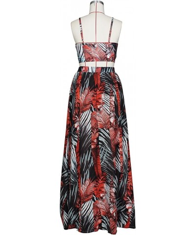 Women's Chiffon Bohemian Floral Printed 2 Piece Sets Crop Cami Top & Split Beach Party Maxi Dress A Black Red $17.20 Suits