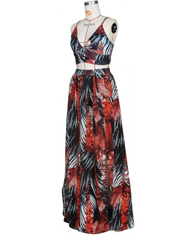Women's Chiffon Bohemian Floral Printed 2 Piece Sets Crop Cami Top & Split Beach Party Maxi Dress A Black Red $17.20 Suits