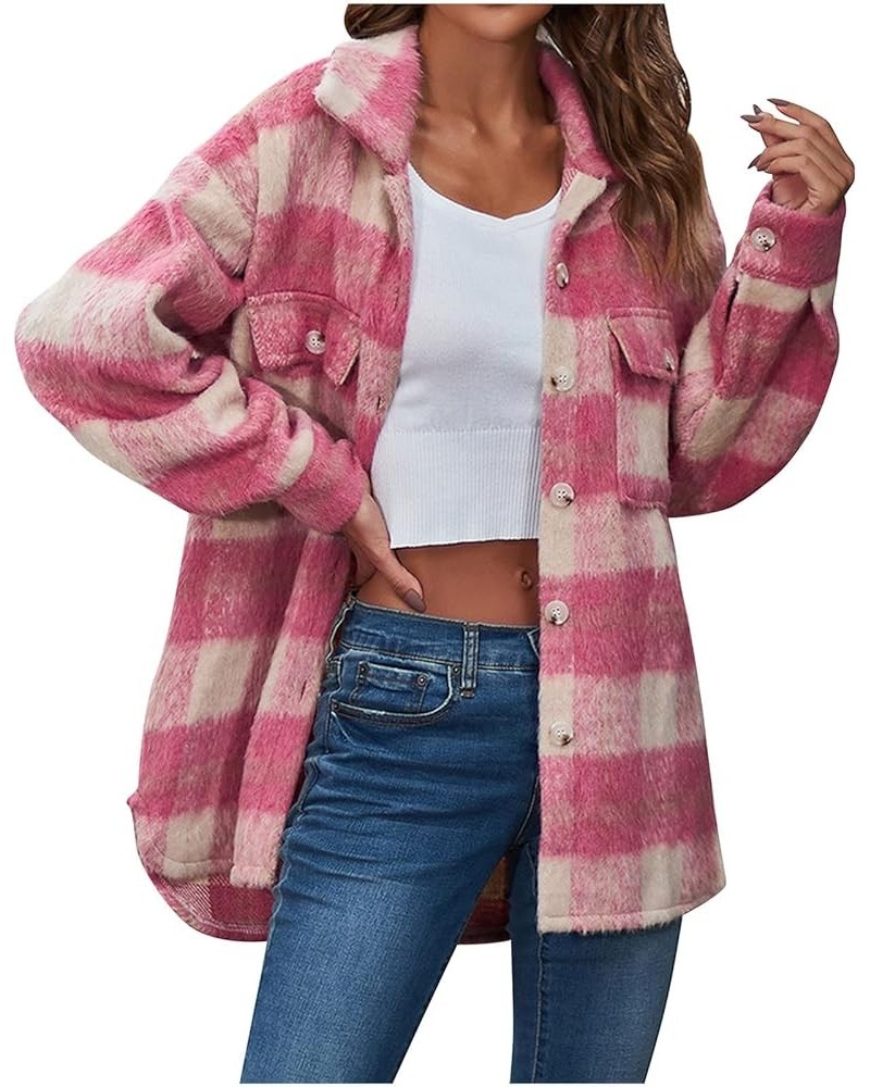 Women's 2023 Fall Coat Tops Woolen Coats Flannel Outerwear Jackets Coats Plaid Button Down Winter Coat 03 Pink $17.51 Jackets