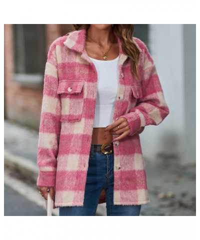 Women's 2023 Fall Coat Tops Woolen Coats Flannel Outerwear Jackets Coats Plaid Button Down Winter Coat 03 Pink $17.51 Jackets