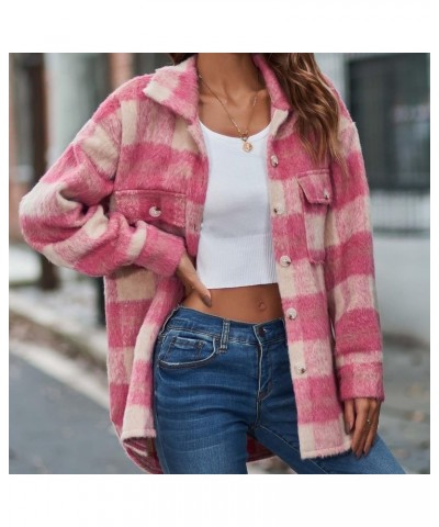 Women's 2023 Fall Coat Tops Woolen Coats Flannel Outerwear Jackets Coats Plaid Button Down Winter Coat 03 Pink $17.51 Jackets