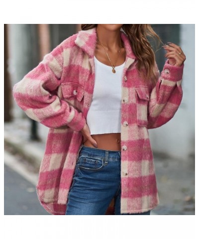 Women's 2023 Fall Coat Tops Woolen Coats Flannel Outerwear Jackets Coats Plaid Button Down Winter Coat 03 Pink $17.51 Jackets