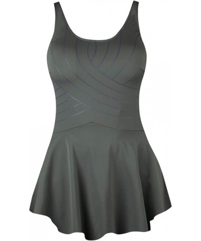 Women's Plus-Size One-Piece Swim Dress with Flared Skirt - Vintage Style Solid Color Bathing Suit for Beach and Pool Gray $22...