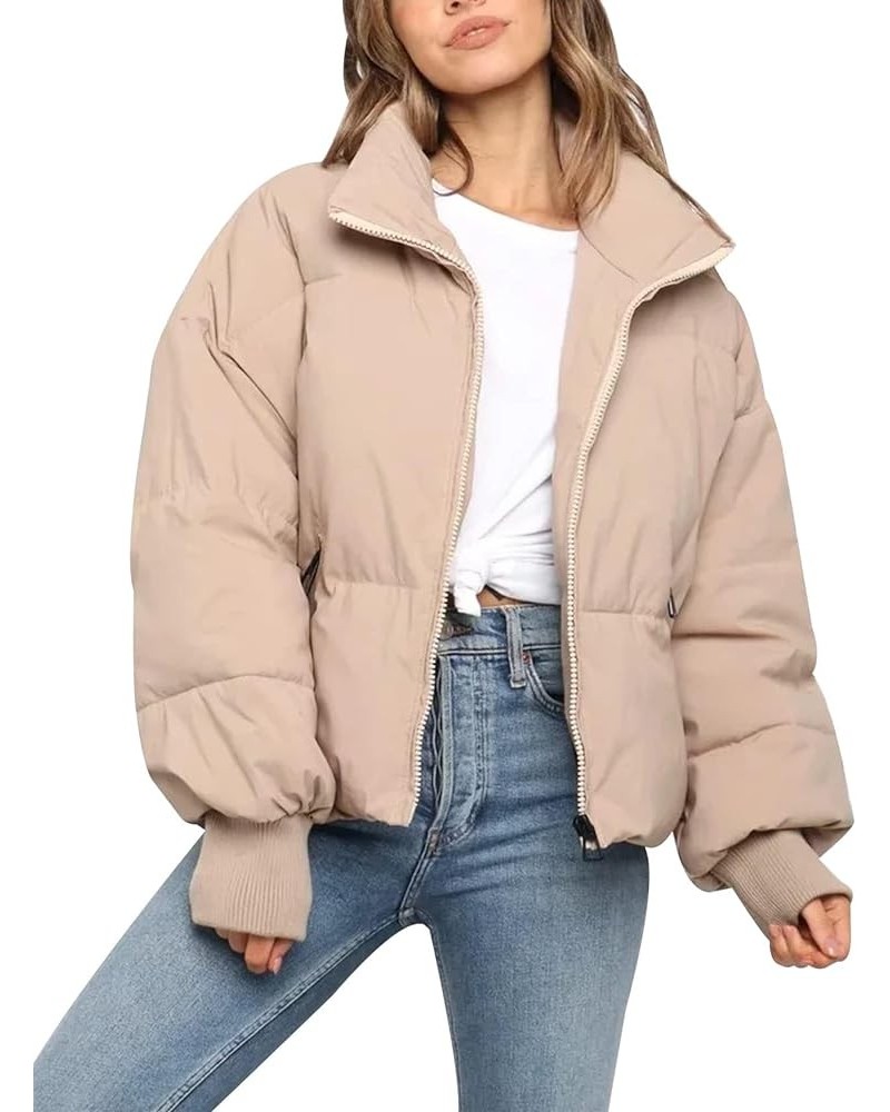 Women's Winter Cropped Puffer Jacket Crop Warm Cotton Jacket Baggy Short Padded Outerwear Coats Khaki $25.91 Jackets