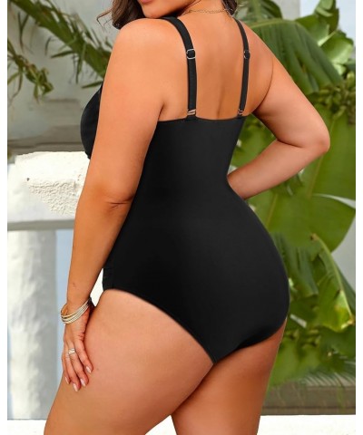 Women Plus Size One Piece Swimsuits V Neck Tummy Control Bathing Suits Front Cross Swimwear Solid Black $16.79 Swimsuits